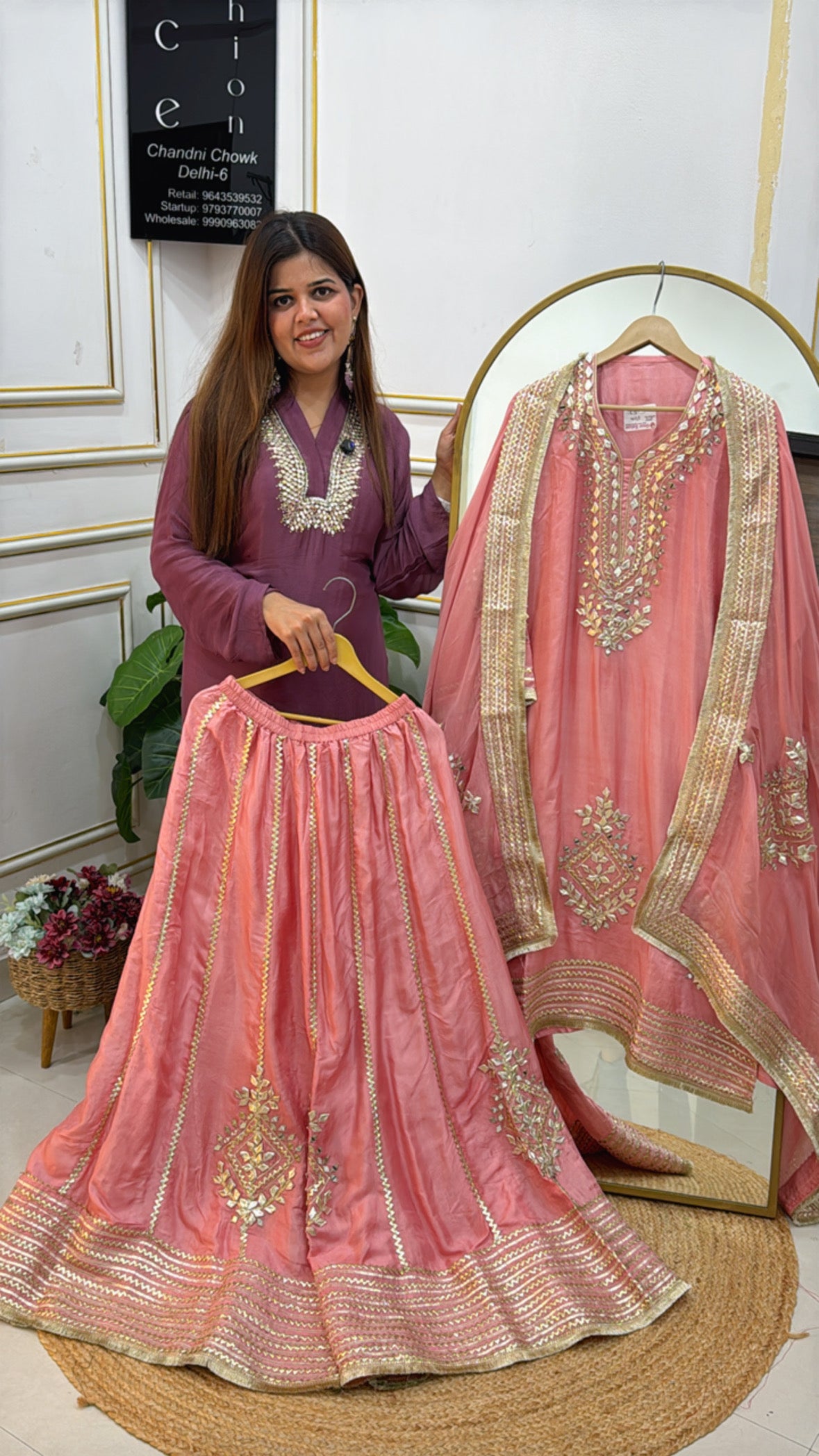 Partywear Pure Crepe Silk Gota Work Semi-Stitched Shirt with Lining & Stitched Sharara GF 517